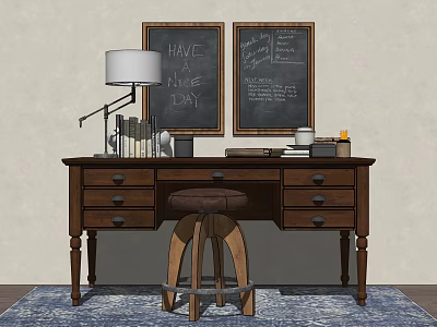 Rustic Wooden Desk with Table Lamp Books Chalkboards Brown Stool and Blue Patterned Rug 3d model