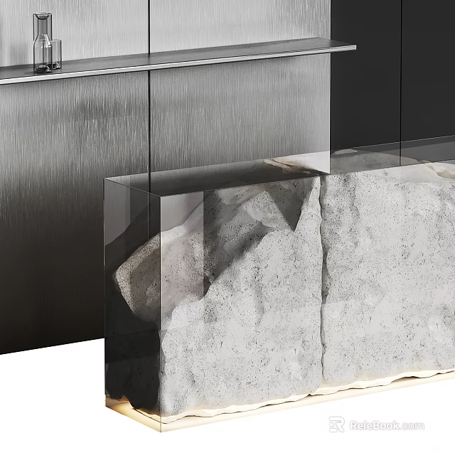 Modern Front Desk Reception With Brushed Metal Wall Transparent Glass And Stone Countertop 3d model 
