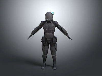 Futuristic Armored Character And Humanoid Creature With Helmet And Glowing Blue Eye In Dark Suit 3d model