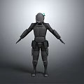 Futuristic Armored Character And Humanoid Creature With Helmet And Glowing Blue Eye In Dark Suit