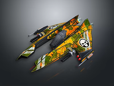 Cosmic Aerospace Camouflage Spaceship with Skull Logo and Unique Wing Design and Weaponry Elements 3d model