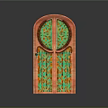 Arched Entrance Door With Red Frame And Green Intricate Patterned Panels