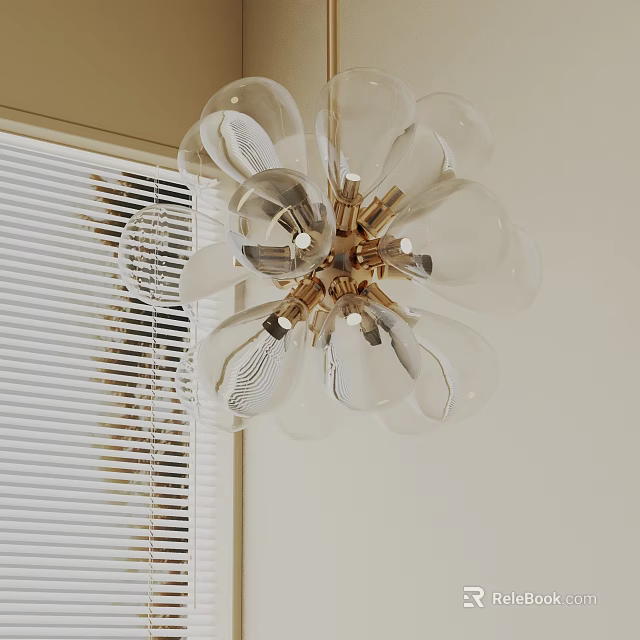 Modern Chandelier with Clear Glass Bulbs and Gold Frame in Room with White Blinds 3d model 