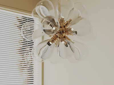 Modern Chandelier with Clear Glass Bulbs and Gold Frame in Room with White Blinds 3d model