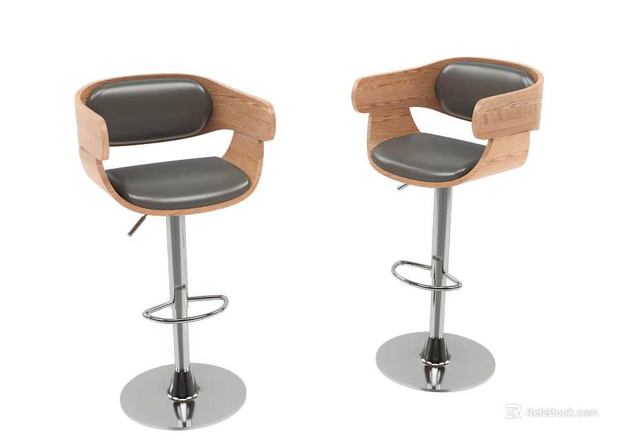 Modern Bar Stools With Wooden Armrests Black Leather Seats And Silver Metal Base 3d model 