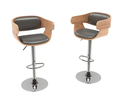 Modern Bar Stools With Wooden Armrests Black Leather Seats And Silver Metal Base 3d model