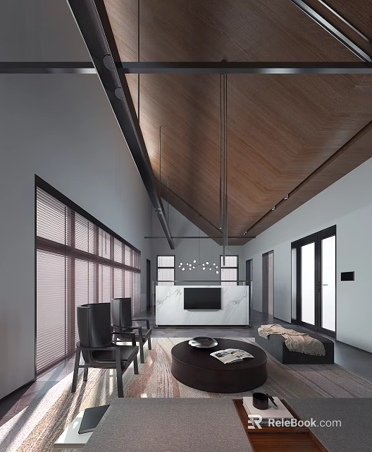 Modern Spacious Living Room With Vaulted Wooden Ceiling Marble TV Unit And Large Glass Windows 3d model 