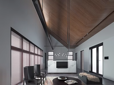 Modern Spacious Living Room With Vaulted Wooden Ceiling Marble TV Unit And Large Glass Windows 3d model
