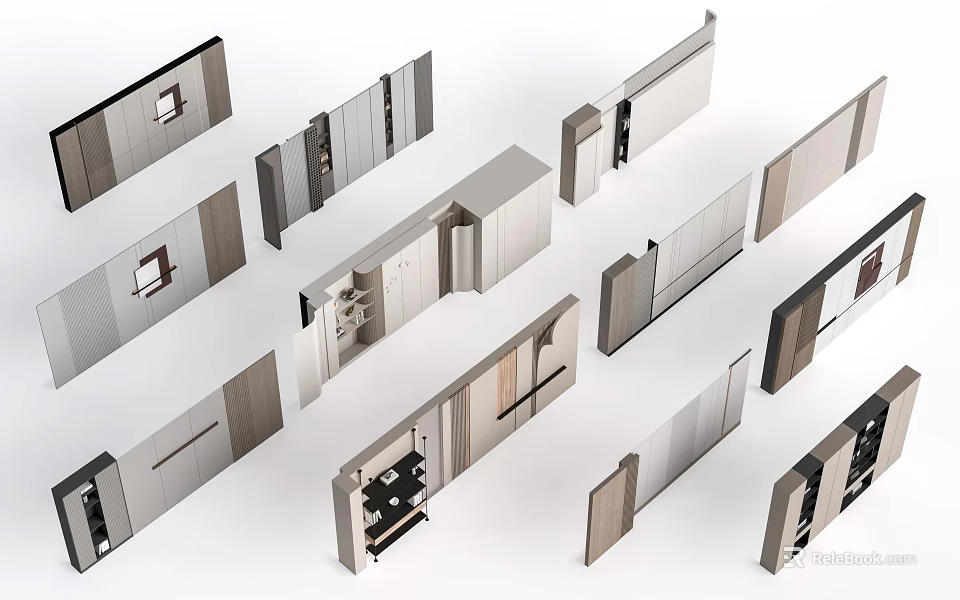 Modern Sofa Accent Wall With Minimalist Cabinets In Neutral Tones 3d model