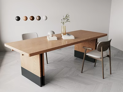 Modern Wooden Dining Table Set With Chairs Vase And Wall Decor On Grey Herringbone Floor 3d model