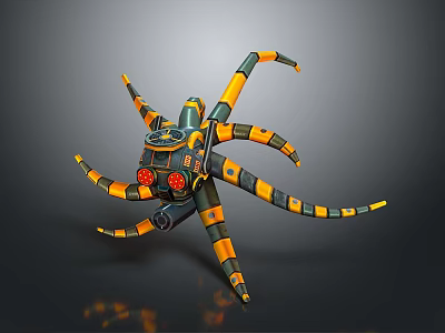 Mechanical Octopus Robot Character 3D Model With Yellow Black Tentacles And Red Lights 3d model