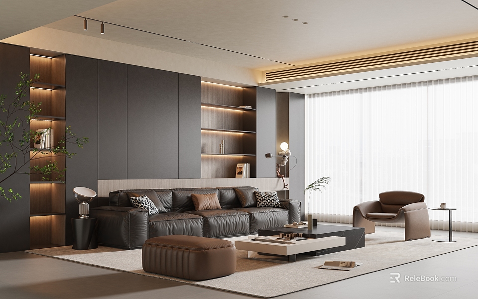 Modern Living Room With Dark Gray Sofa Brown Chair Wooden Shelves Large Window Light Curtains 3d model 