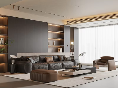 Modern Living Room With Dark Gray Sofa Brown Chair Wooden Shelves Large Window Light Curtains 3d model