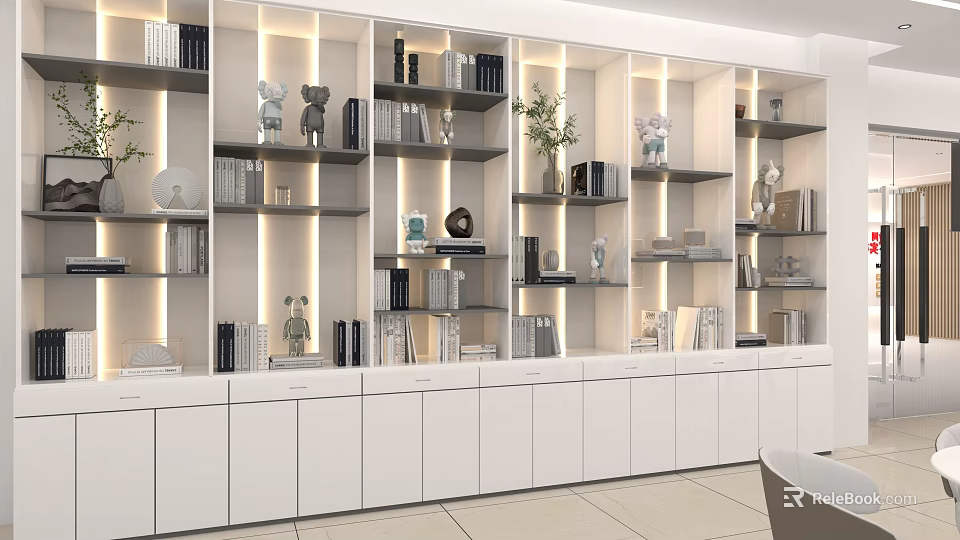 Modern Minimalist Bookcase Interior With White Cabinets Shelves Books Decorative Items And Lighting 3d model 