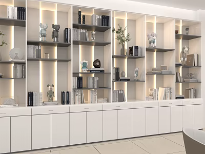 Modern Minimalist Bookcase Interior With White Cabinets Shelves Books Decorative Items And Lighting 3d model