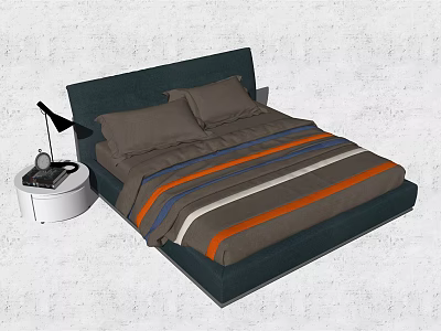 Modern Double Bed With Dark Headboard Striped Bedding And Side Nightstand Black Lamp 3d model