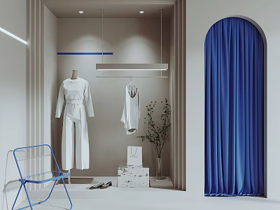 Modern Shop Window Display Featuring White Dresses Blue Chair Curtain Plant Shoes and Boxes 3d model