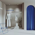 Modern Shop Window Display Featuring White Dresses Blue Chair Curtain Plant Shoes and Boxes