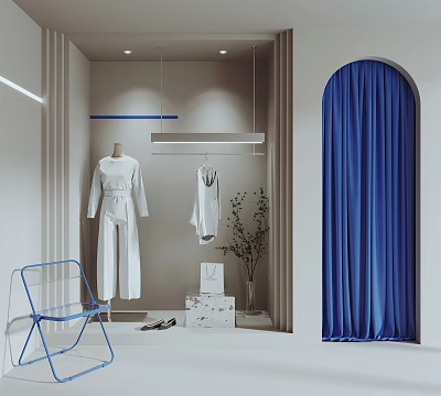 Modern Shop Window Display Featuring White Dresses Blue Chair Curtain Plant Shoes and Boxes 3d model