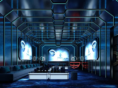 Futuristic Bar Interior With Blue Lighting And Screens 3d model
