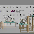 Golden Hexagonal Display Shelves with Green Decorations for Product Exhibition in East Fantasy Retail Space