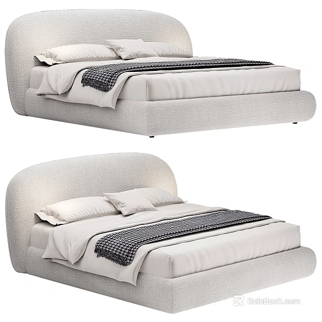Elegant Soft Upholstered Double Bed With Curved Headboard White Pillows And Checked Throw 3d model 