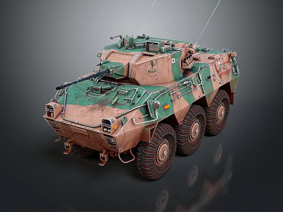 Military Armored Vehicle With Camouflage Paint Six Wheel Design And Mounted Antennas 3d model
