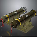 Brown Military Bombs With Yellow Stripes Straps On Mounting Stand And Labels