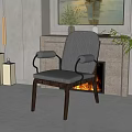 Gray Accent Chair With Wooden Frame And Armrests In Living Room Featuring Fireplace Flames