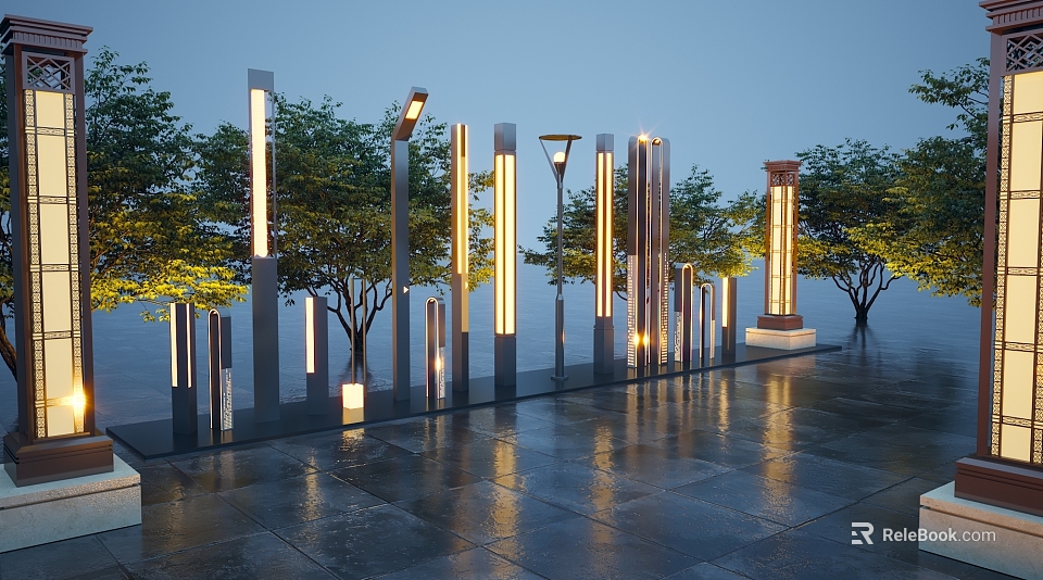 Modern Column Outdoor Lights For Garden Landscape With Decorative LED Lighting And Trees 3d model 