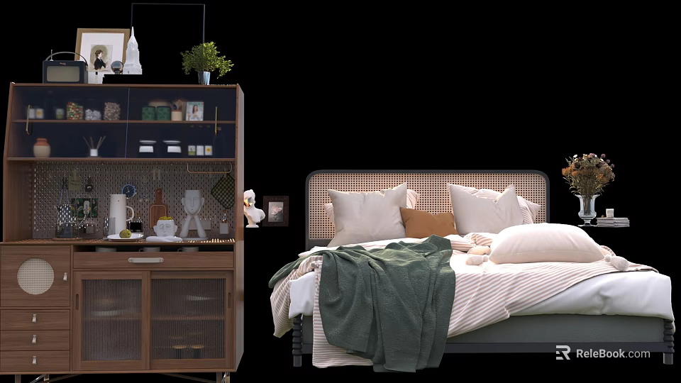 Cozy Double Bed With Plush Pillows Green Blanket Wooden Cabinet And Potted Plant Decor 3d model 