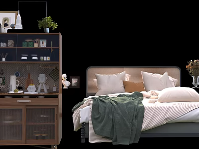 Cozy Double Bed With Plush Pillows Green Blanket Wooden Cabinet And Potted Plant Decor 3d model