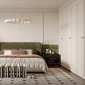 Modern Bedroom Interior With Green Headboard Cloud Pendant Light And Area Rug