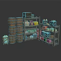 Wooden Storage Racks With Stacked Barrels And Colorful Boxes Bottles