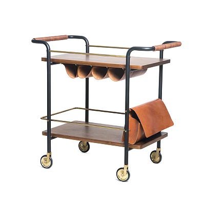 Modern Minimalist Storage Trolley With Wooden Shelves Metal Frame Leather Pouch And Cup Holders 3d model