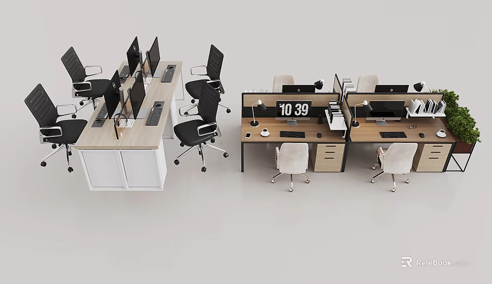 Modern Office Desk Setup With Multiple Monitors Ergonomic Chairs And Digital Clock 3d model 
