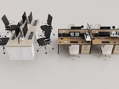Modern Office Desk Setup With Multiple Monitors Ergonomic Chairs And Digital Clock 3d model
