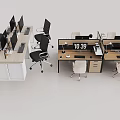 Modern Office Desk Setup With Multiple Monitors Ergonomic Chairs And Digital Clock
