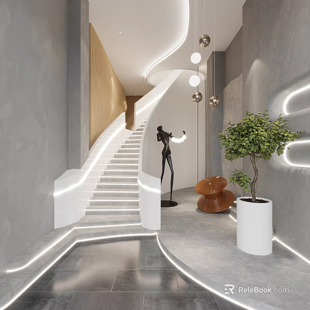 Modern Staircase Interior Design With White Steps Lighting Sculpture Potted Plant And Wooden Accents 3d model 