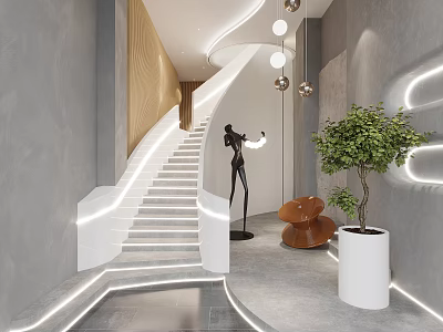 Modern Staircase Interior Design With White Steps Lighting Sculpture Potted Plant And Wooden Accents 3d model