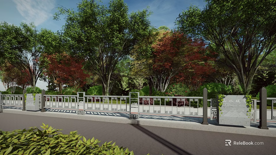 Urban Roadside Safety Railing With Lush Green And Red Leaf Trees 3d model 