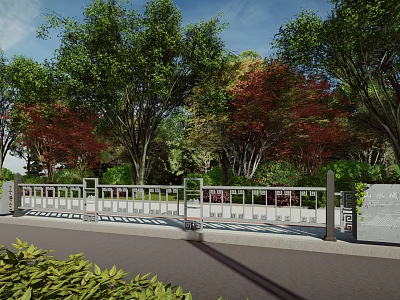 Urban Roadside Safety Railing With Lush Green And Red Leaf Trees 3d model