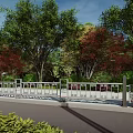 Urban Roadside Safety Railing With Lush Green And Red Leaf Trees