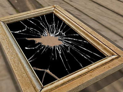 Broken Mirror with Golden Frame and Cracked Glass on Wooden Floor 3d model