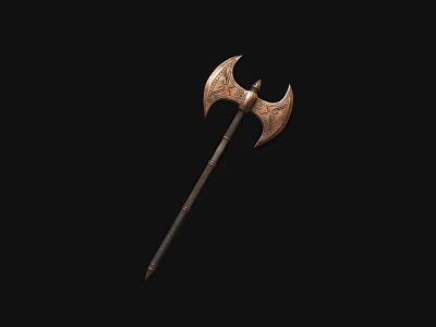 Ancient Metal Axe Weapon With Intricate Carvings On Head And Long Wooden Handle 3d model