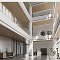 Modern Lobby Reception Desk Interior Design With Glass Doors Columns And Visitors