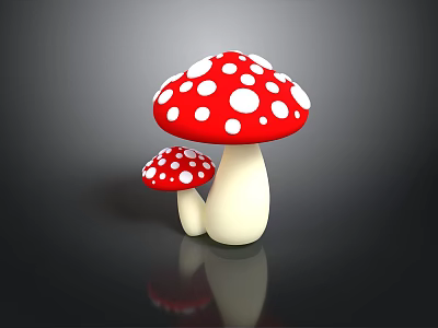 Large And Small Red Mushrooms With White Spots On Dark Background 3d model