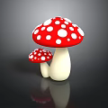 Large And Small Red Mushrooms With White Spots On Dark Background