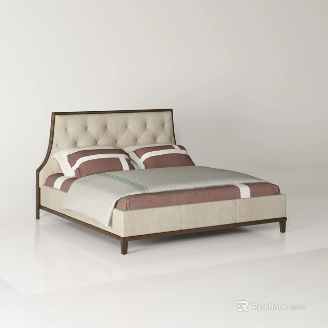 Modern Double Bed With Beige Tufted Headboard Dark Wooden Frame And Striped Pillows 3d model 