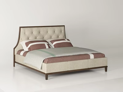 Modern Double Bed With Beige Tufted Headboard Dark Wooden Frame And Striped Pillows 3d model